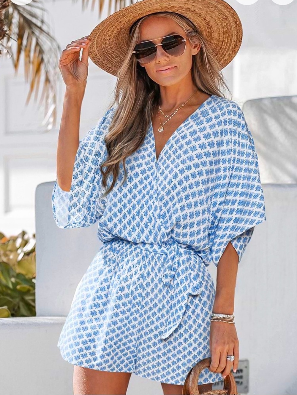 NWT Cupshe Romper Blue White Leaf Print V-Neck Front Tie Short Sleeve Size S